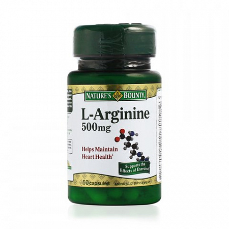 Nature's Bounty L-аргинин, Капсулы, банка, 50 шт, 500 мг, для приема внутрь Капсулы, банка, 50 шт, 500 мг, для приема внутрь